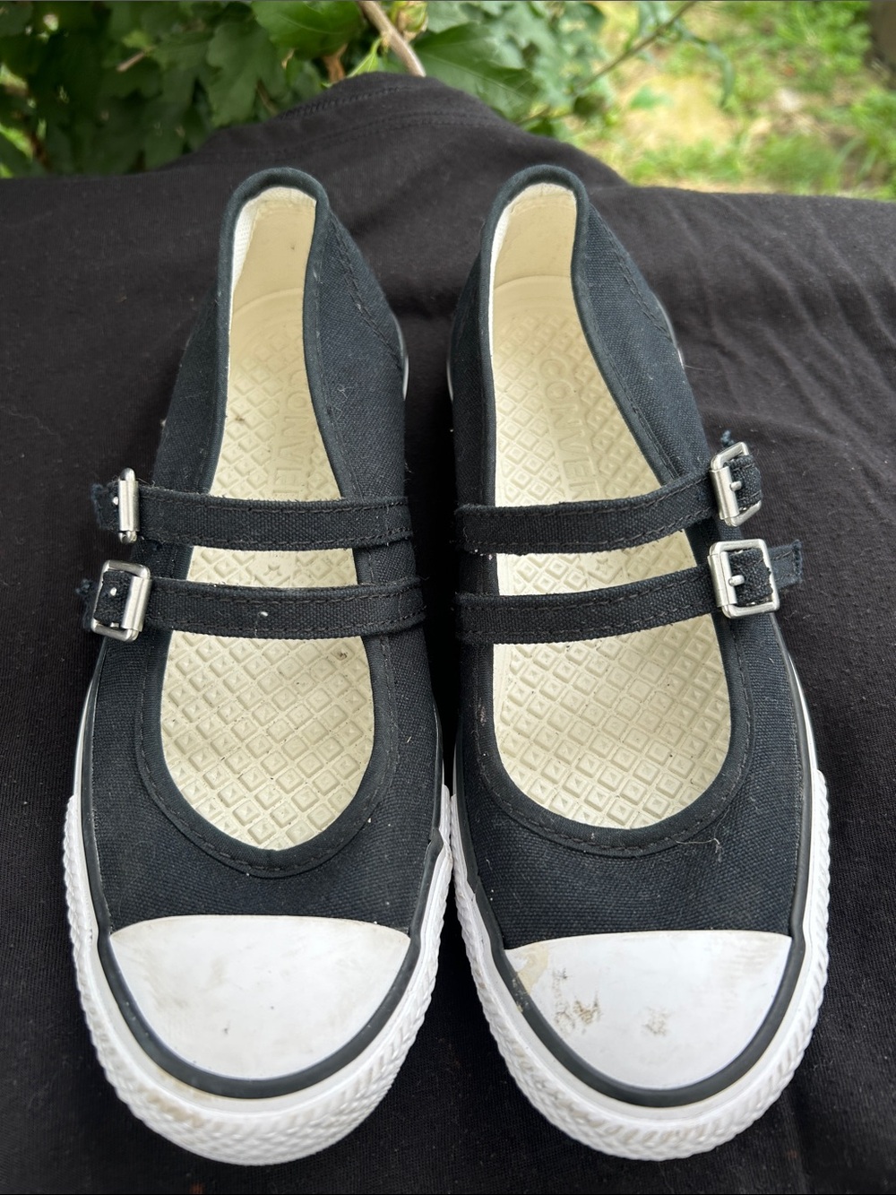 Converse Black Canvas Double-Strap Mary Jane Flats with White Toe